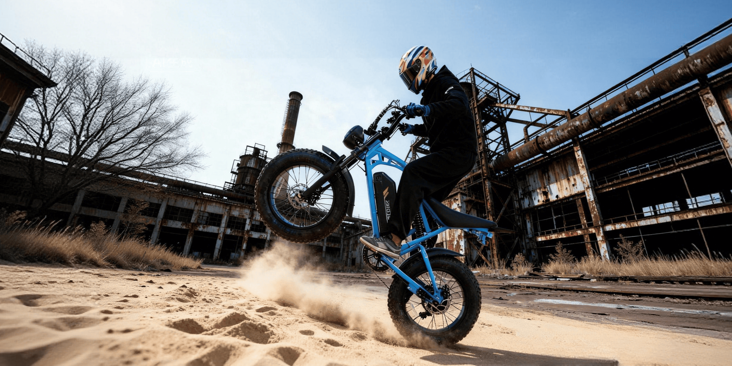 A rider wearing a full-face helmet performing a wheelie on a blue fat-tire electric bike in an abandoned industrial area