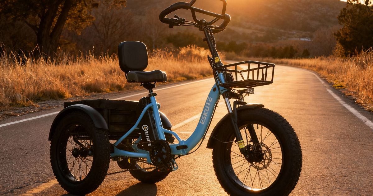 A light blue electric tricycle with a front basket and rear cargo area parked on a country road during sunset