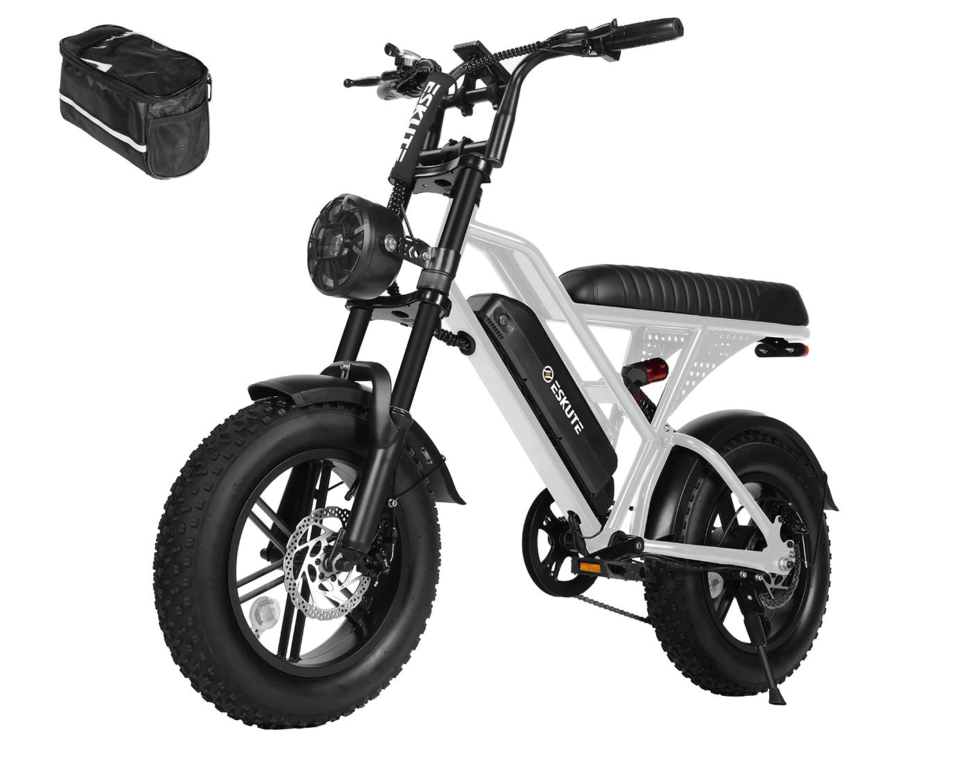 Electric bike with a black seat and rear storage bag on a white background