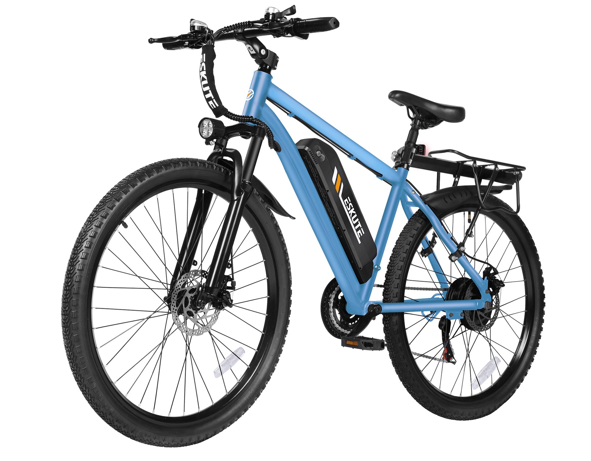 Blue electric bicycle with visible brand logo on a white background