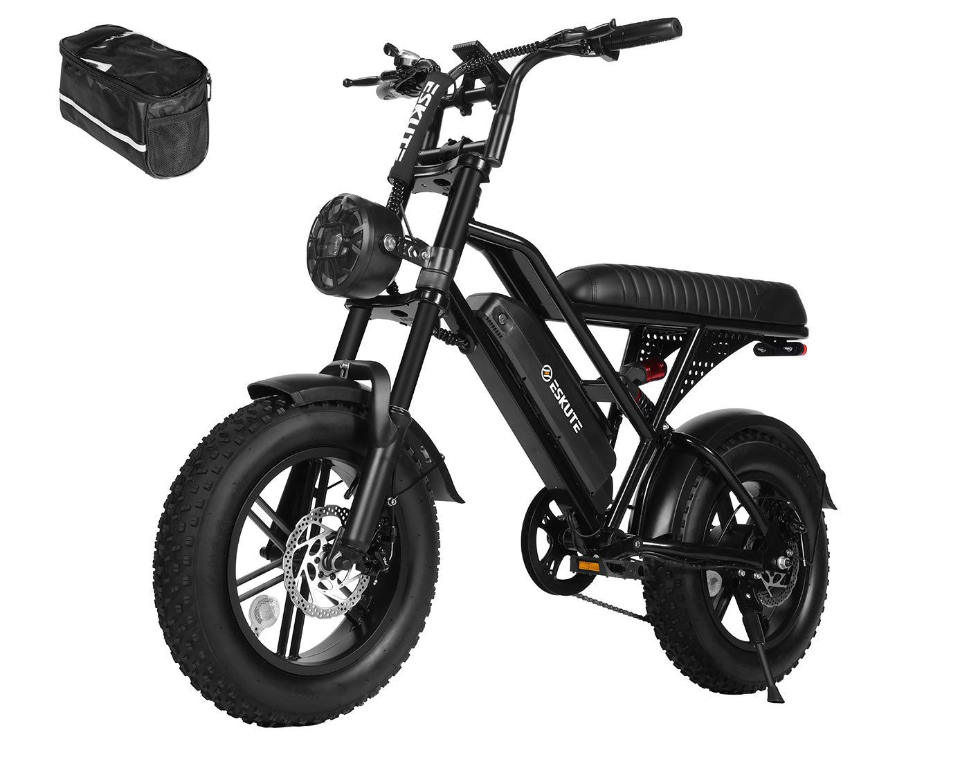 Black electric bike with a small black bag on a white background