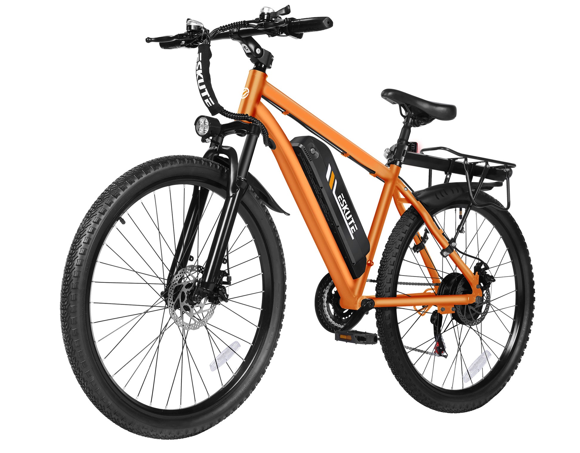 Orange electric bicycle with black components on a white background