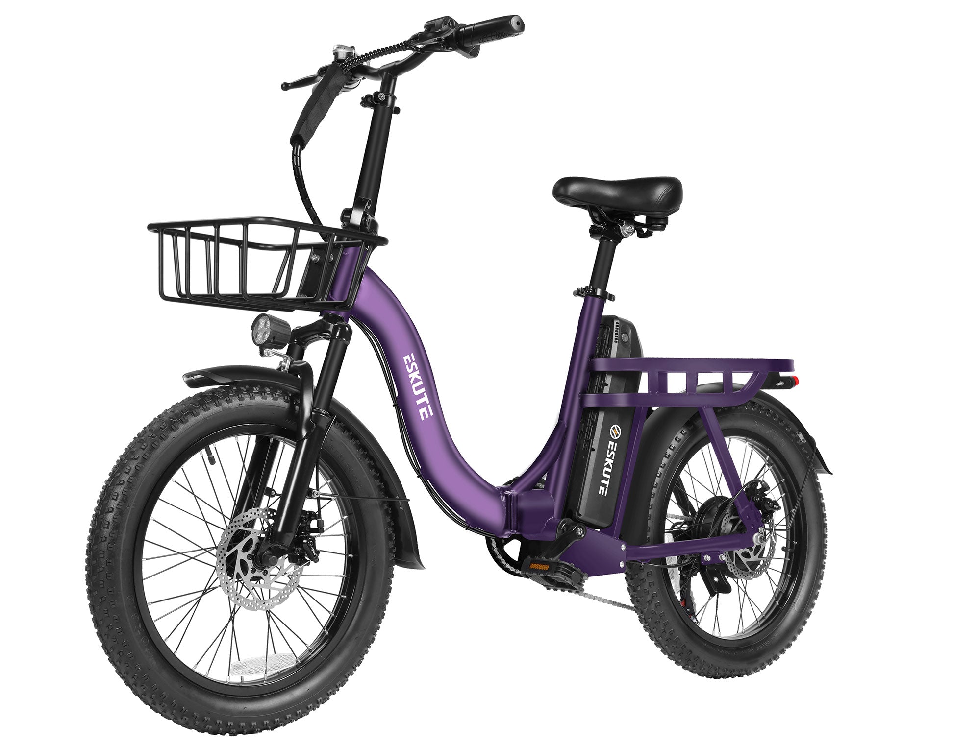 Purple electric bike with a basket on a white background