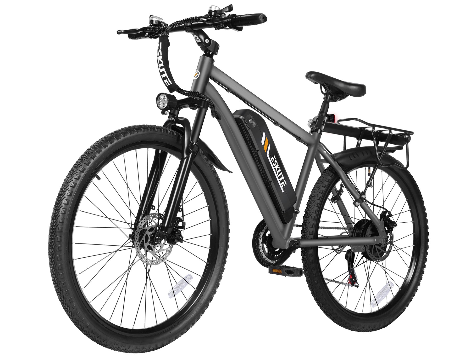 Gray electric bicycle with brand logo on a white background