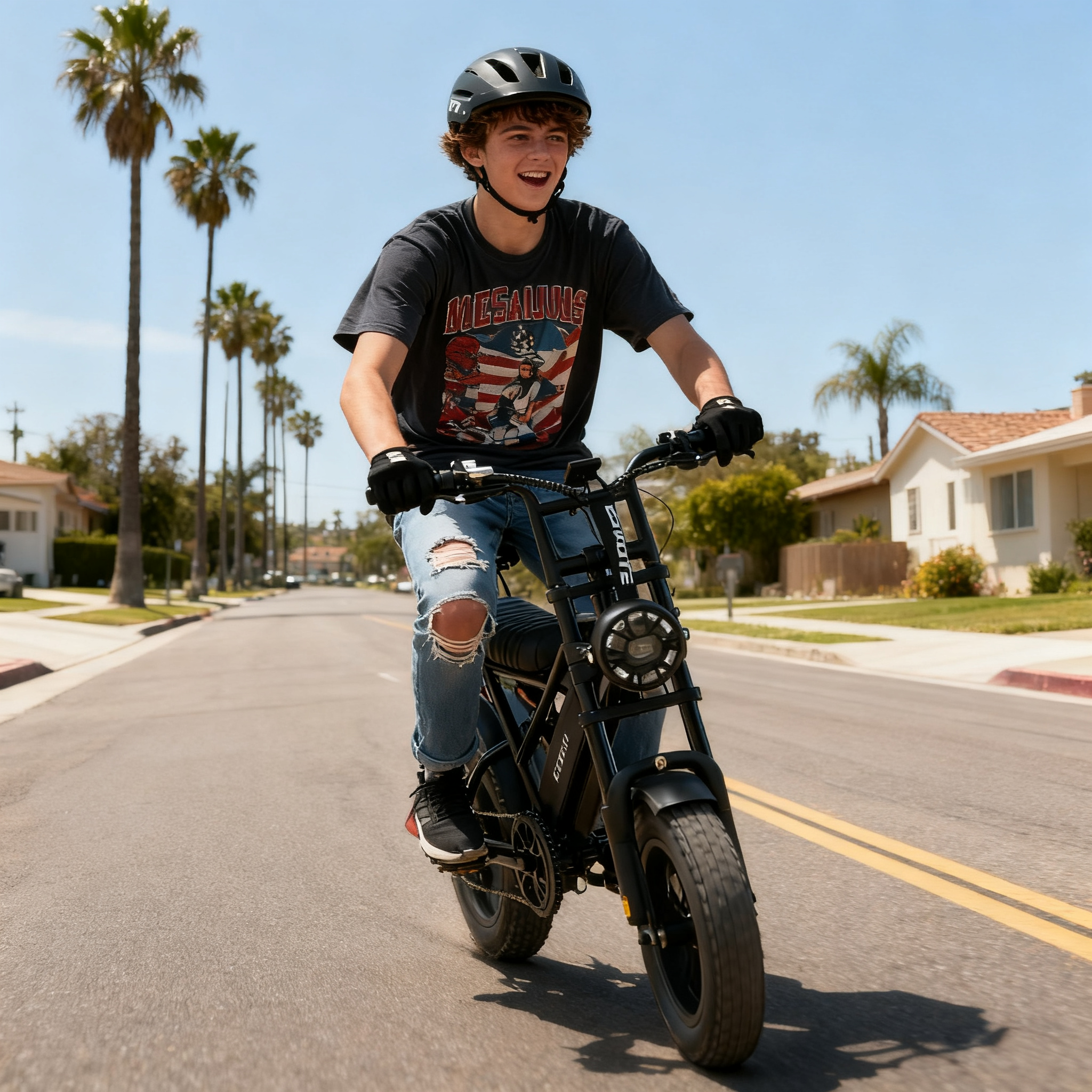 Person riding a electric bike on a suburban street with palm trees in the background