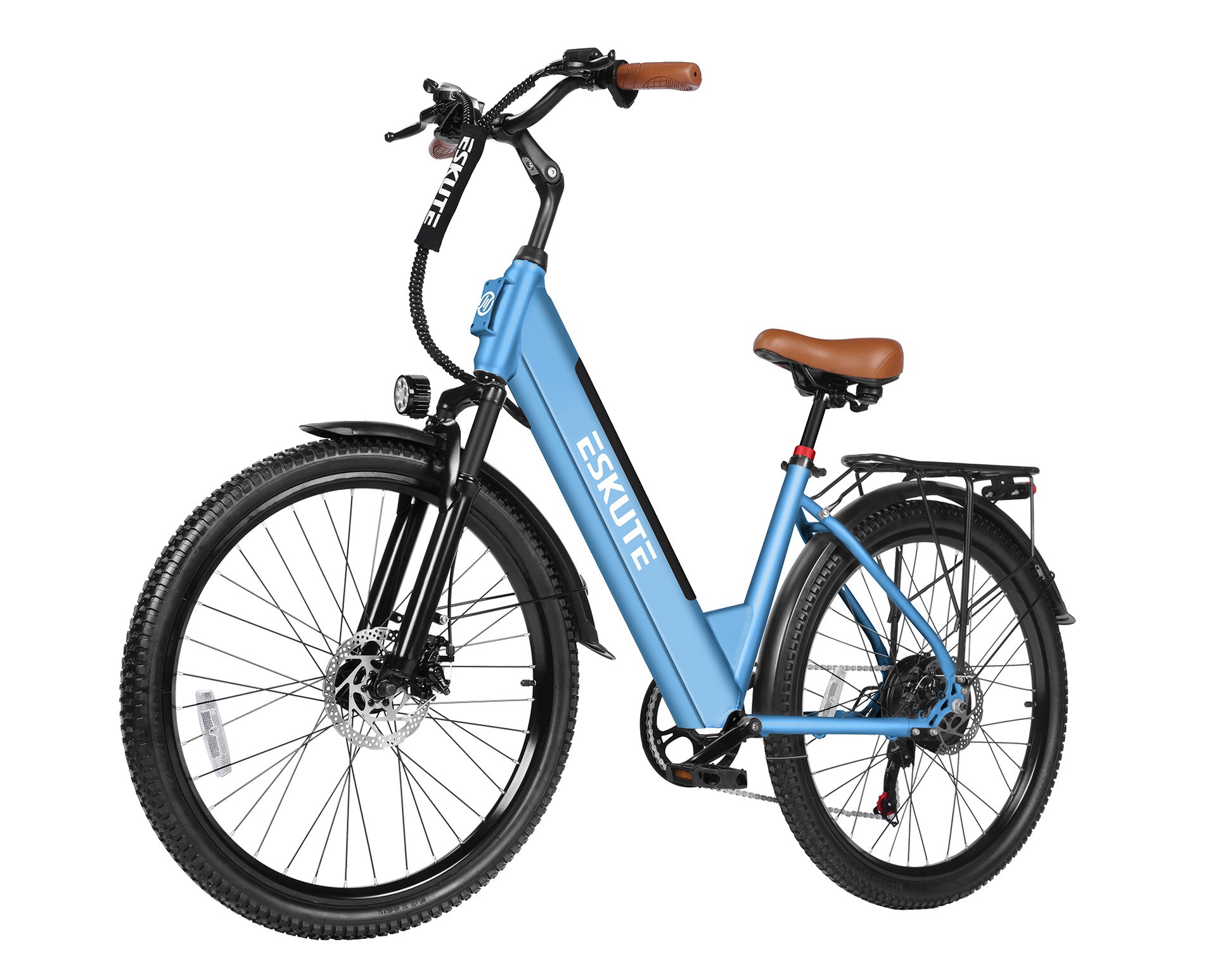 Blue electric bike with black frame and brown seat on a white background