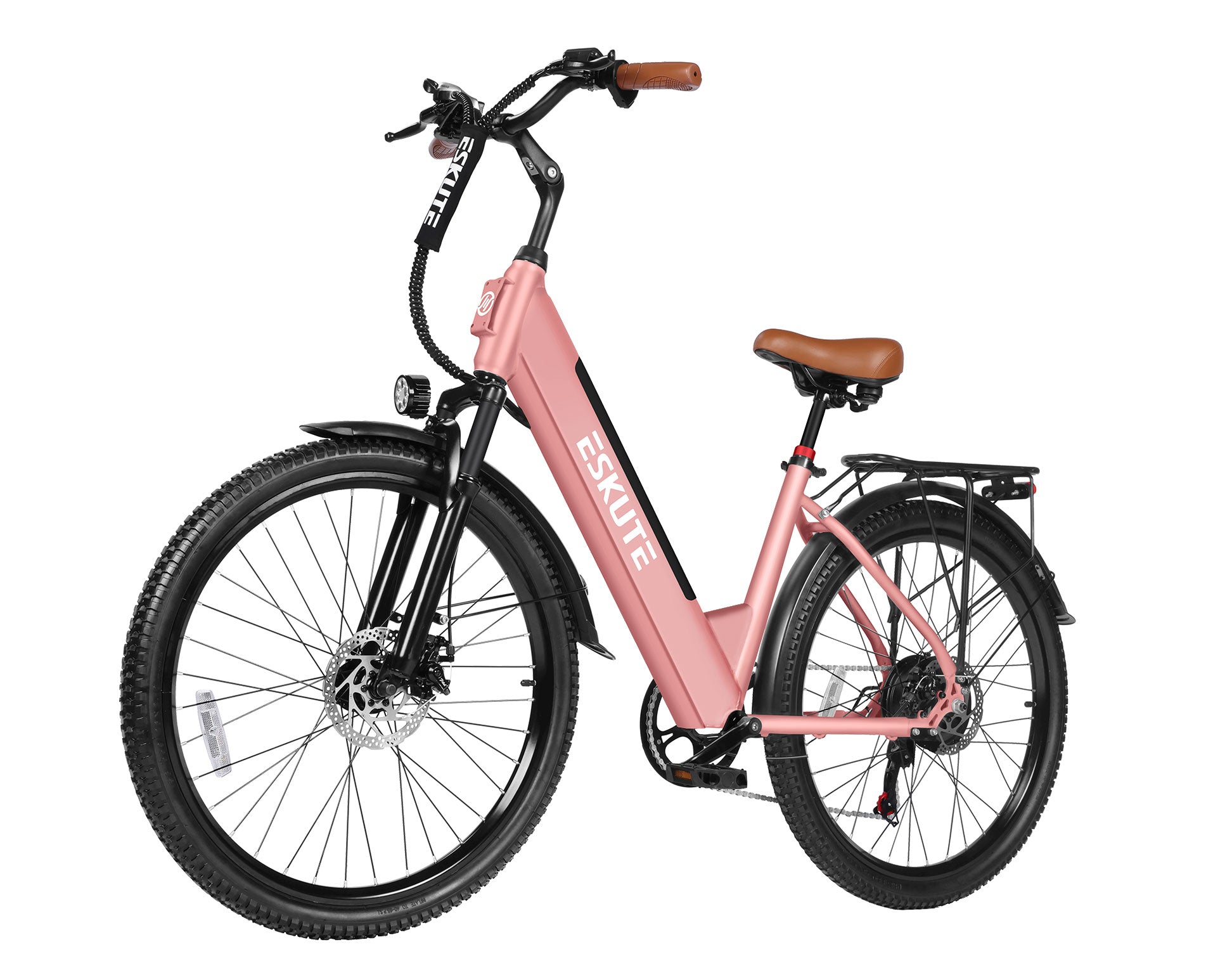 Pink electric bike with black frame and components on a white background