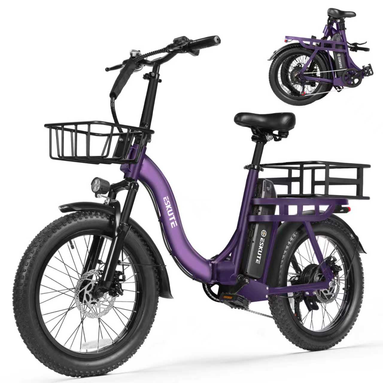 Purple electric bike with a basket on a white background