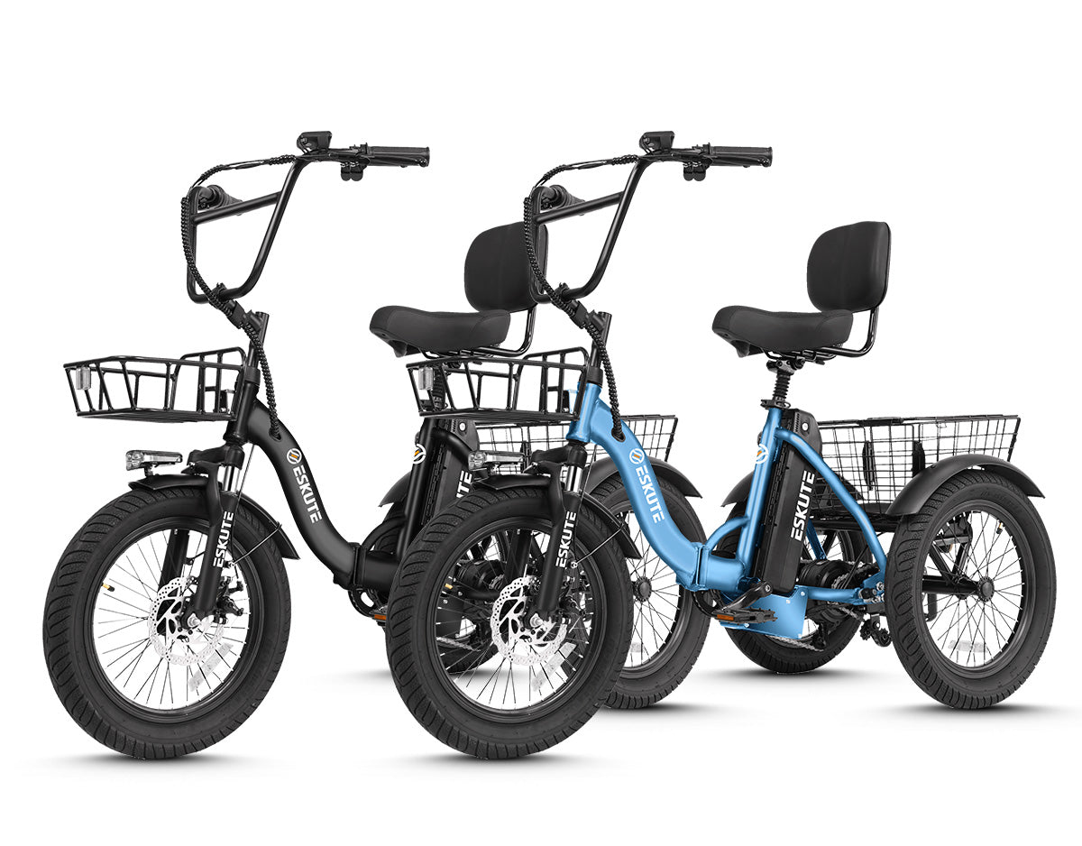 Two electric bikes, one black and one blue, with baskets on a white background.