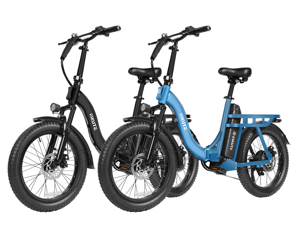 Two electric bicycles, one black and one blue, on a white background.