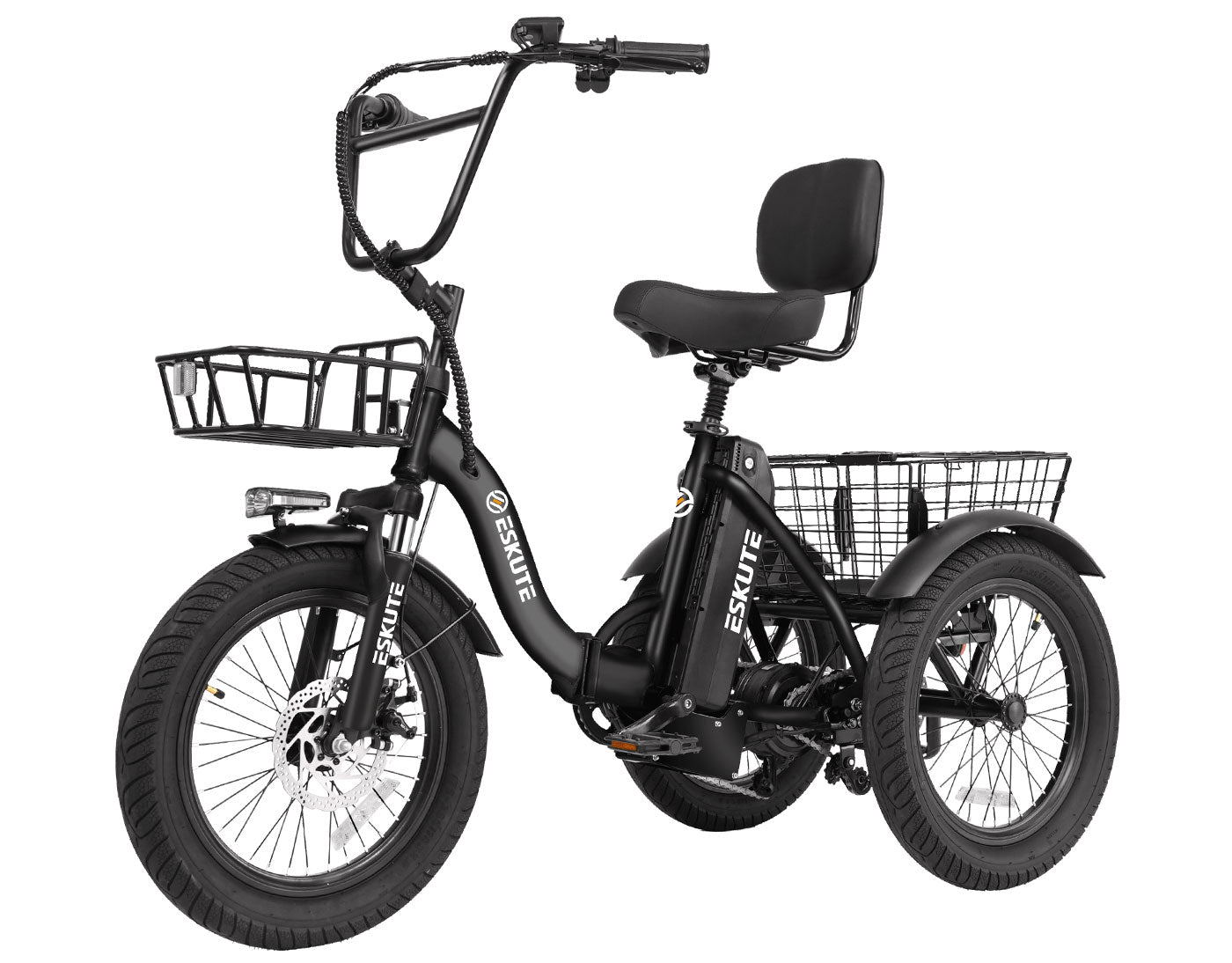 Black electric tricycle with a basket on a white background