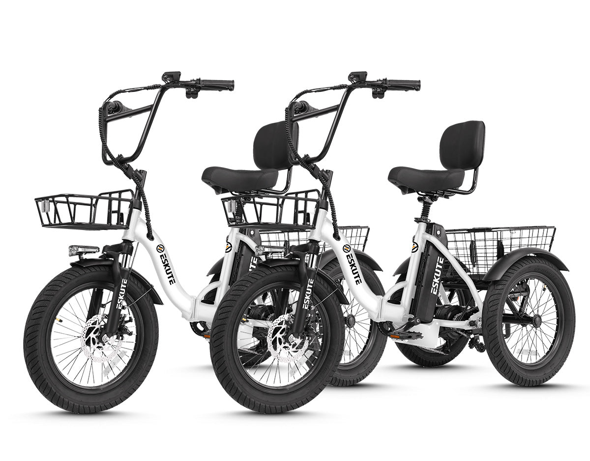 Two white electric tricycles with black seats and baskets on a white background