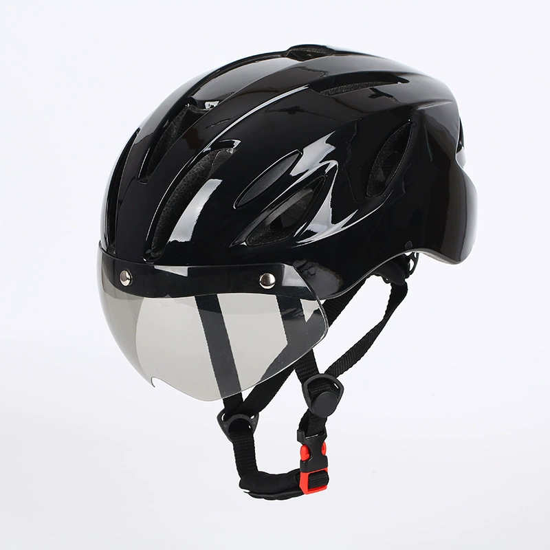 Black helmet with a clear visor on a white background