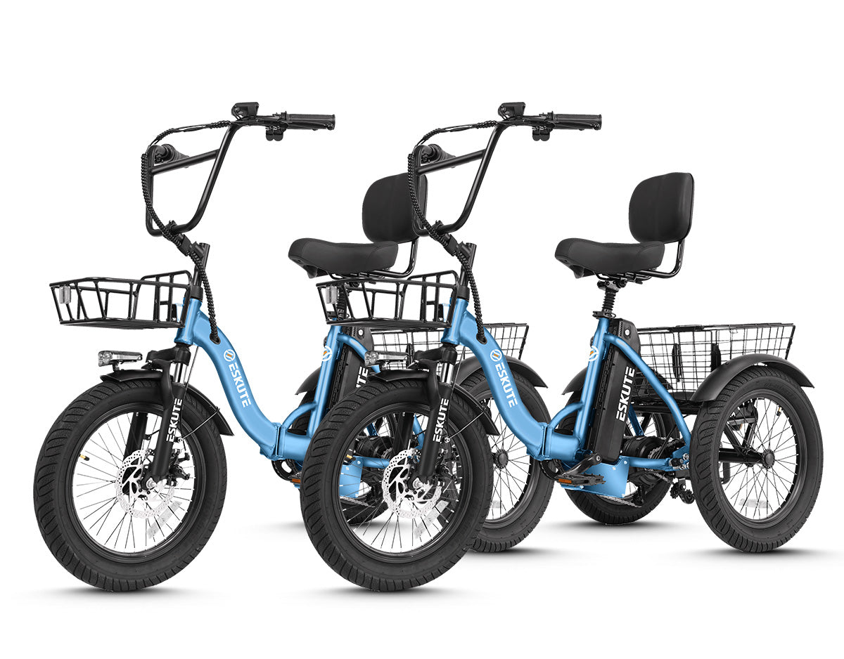 Two blue electric tricycles with baskets on a white background