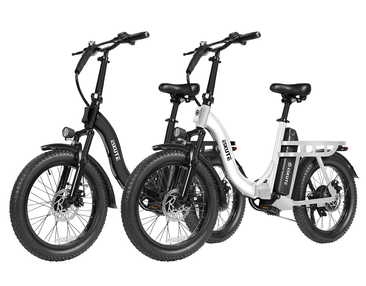 Two electric bicycles, one black and one white, on a white background.