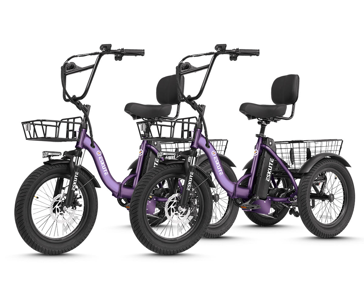 Two purple electric tricycles with baskets on a white background