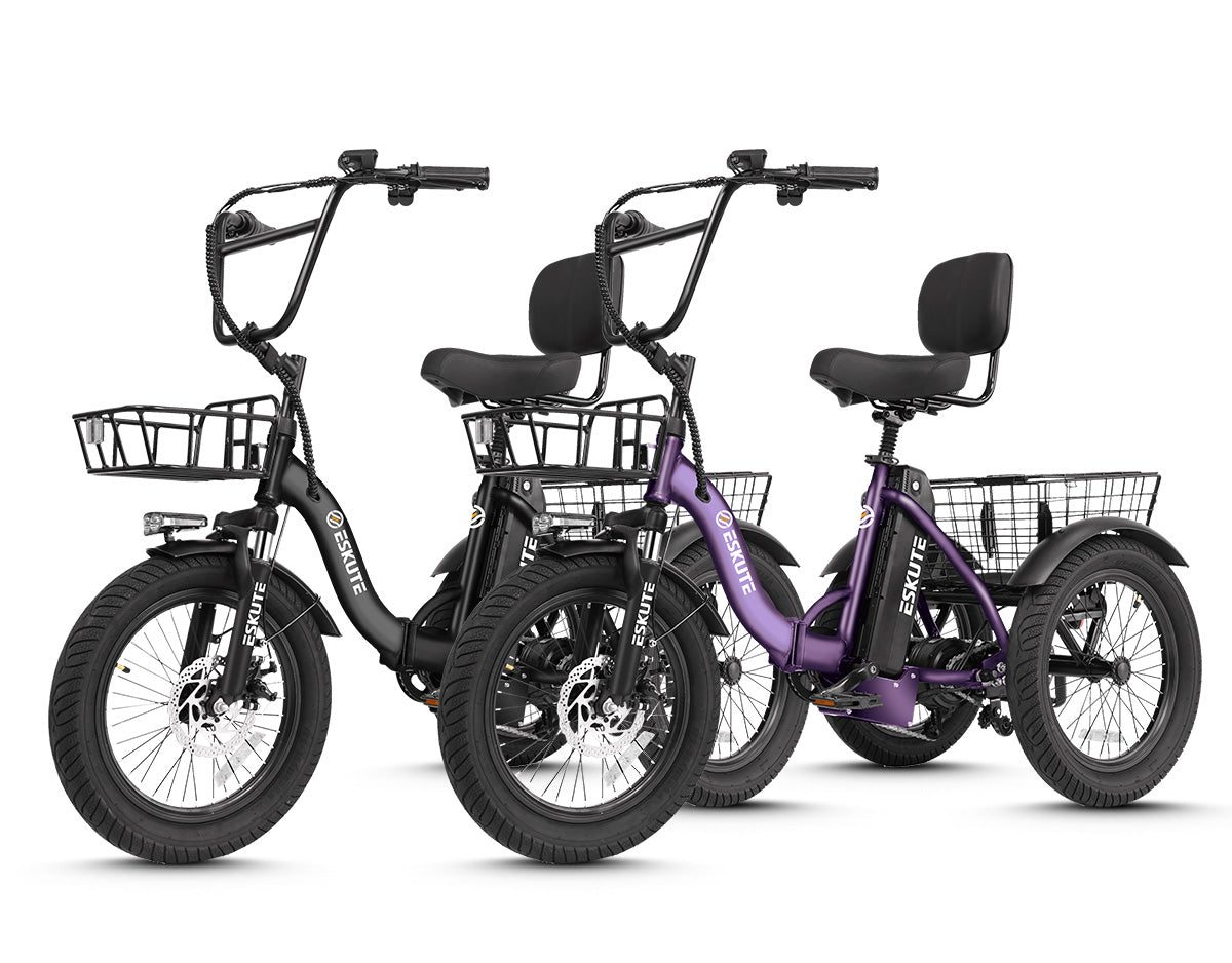 Two electric bikes, one black and one purple, with baskets on a white background.