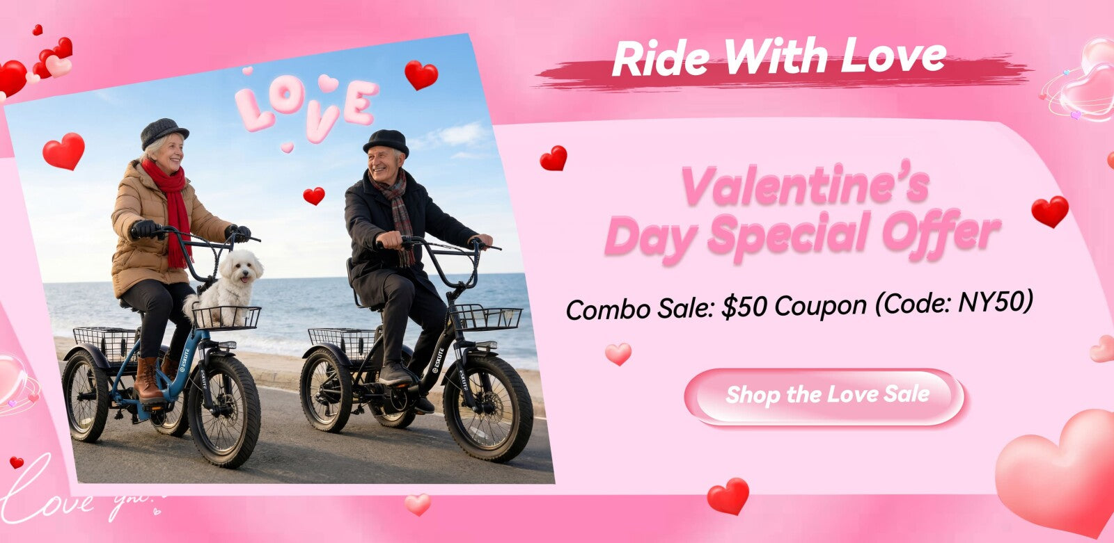 Senior couple riding Eskute electric trikes at beach Valentine's Day combo sale with NY50 coupon code