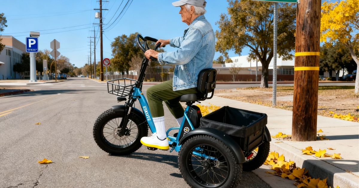 A senior man riding a blue Eskute T300 Pro electric tricycle with fat tires and a large rear cargo basket on a sunny suburban street