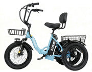 Light blue Eskute T300 folding electric trike with black baskets and seat.