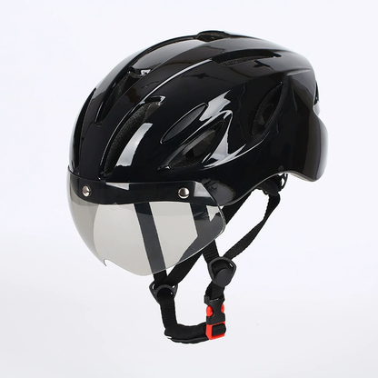 Black helmet with a clear visor on a white background