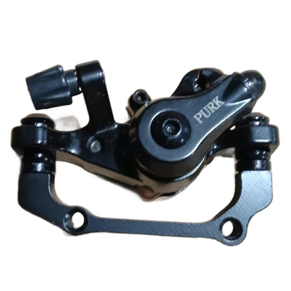 Black mechanical disc brake caliper with 'PURK' logo, compatible with e-bikes and standard brake levers.