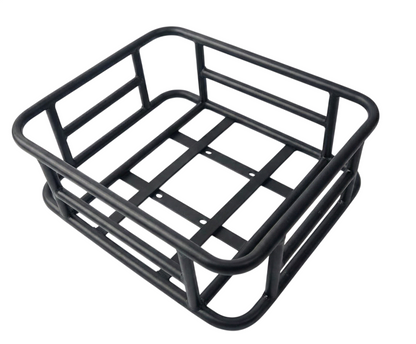 Eskute black metal rear rack basket for bicycles, with open grid design.