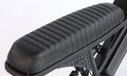 Black ribbed Eskute Nova Mini ebike seat with 00rV frame detail