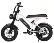 White Eskute V100 electric bike with 16-inch fat tires, black seat, and Eskute branding on the battery.